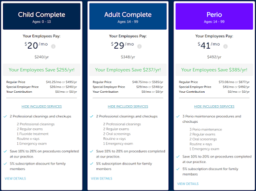 Infographics showing the 3 payment options for the Employer Membership Plan and the different levels